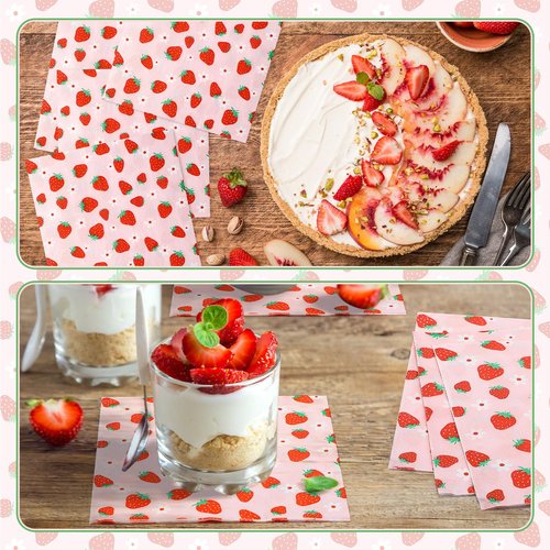 Janlaugh 100 Pcs Strawberry Paper Napkins Set Disposable Summer Fruit Paper Napkins Pink for Berry Sweet Strawberry Decoration Catering Event Birthday Summer Party Supplies (6.5 x 6.5 Inches)