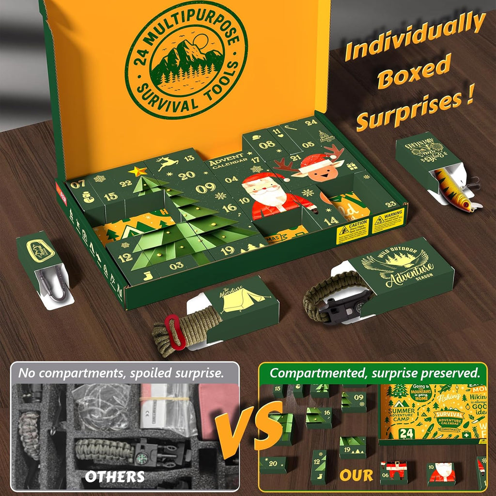 Survival Kit Advent Calendar 2025 for Men - 24 Days of Essential Outdoor Tools | Perfect Xmas Gift for Camping, Fishing, and Hiking Enthusiasts