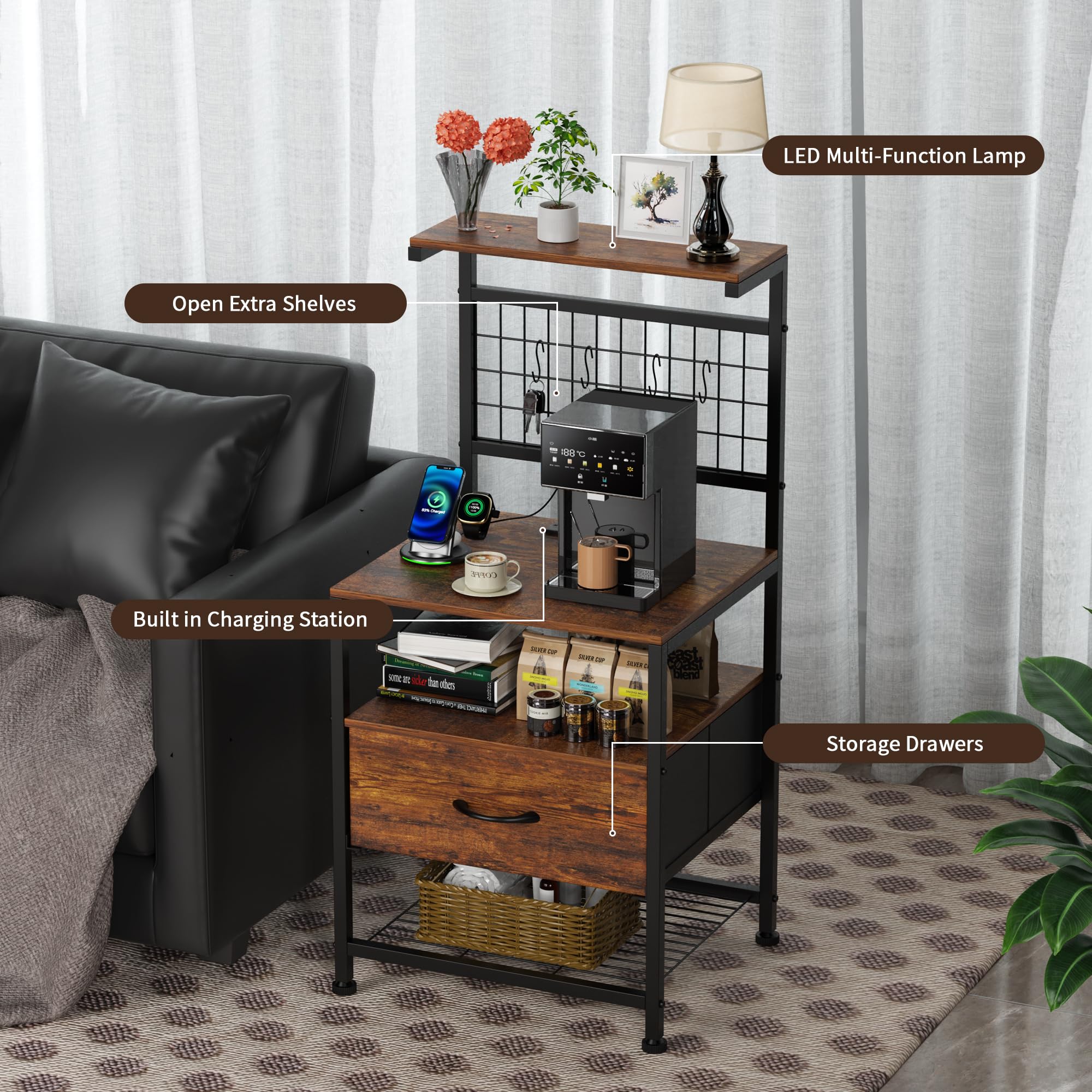 Aetheris Night Stand with Charging Station and LED Lights, End Table with Drawers and Storage Shelves, NightStand with Storage Shelf & Hooks, Night Stand for Bedroom, Rustic Brown