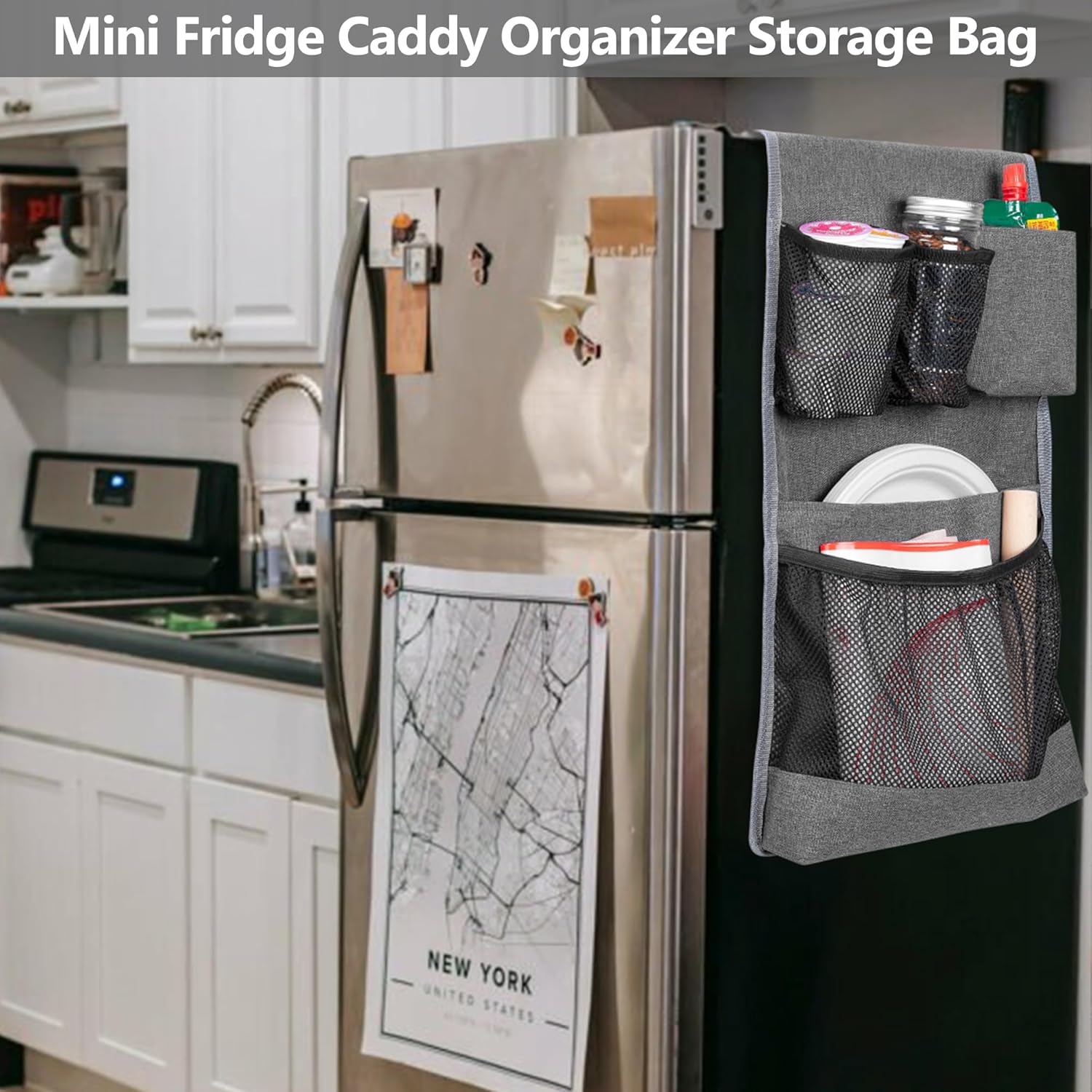 Rexmica Mini Fridge Organizer - 14-Pocket Dust Cover for Kitchen, Office & Dorm Storage | Gray