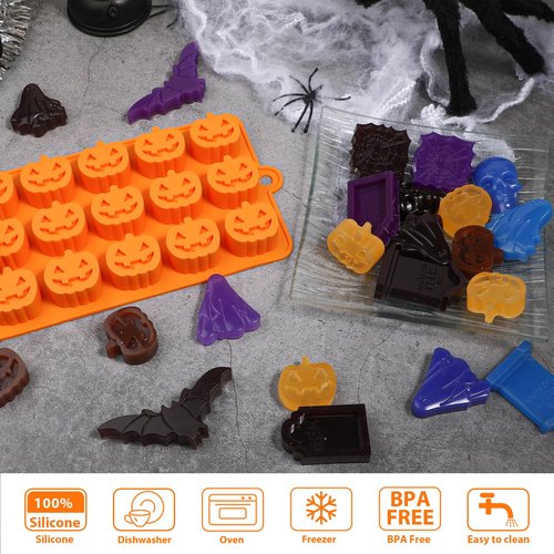 Webake Halloween Chocolate Mold Shaped with Pumpkin Jack-O-Lantern, Skull, Tombstone, Ghost, Bat and Spider, Halloween Silicone Molds for Chocolate, Candy, Ice Cube, Jello, Soap, Pack of 4