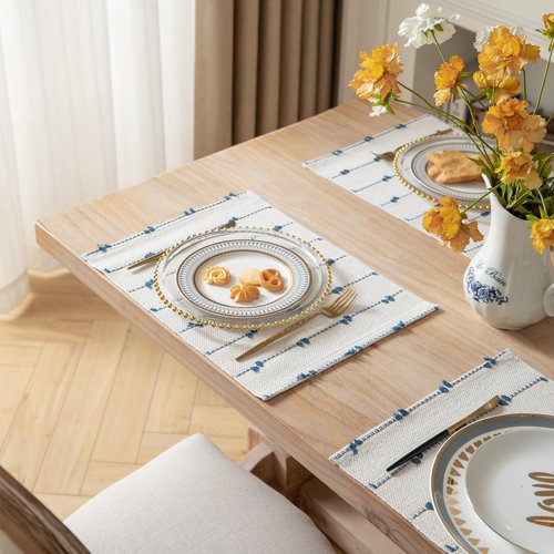 Boho Placemats Set of 6 for Dining Table Decor, Woven Cloth Place Mats for Farmhouse Rustic Kitche Home Decor, Cotton Placemats 13 x 19 Inch, Blue and Beige Table mats