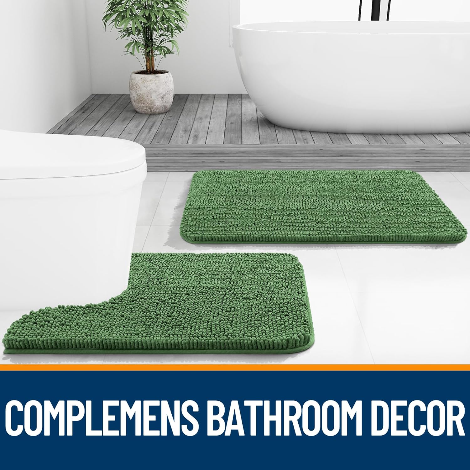 OLANLY U-Shaped Toilet Rug - Extra Soft Chenille, Quick-Dry, Non-Slip Bath Mat | 24x20, Olive Green