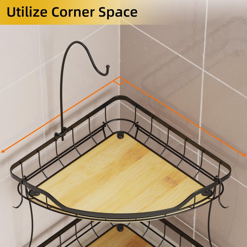 CACHOLIV Fruit Holder for Kitchen Countertop with Banana Hanger, Vegetable Basket with Bamboo Base for Kitchen Corner Storage, Black