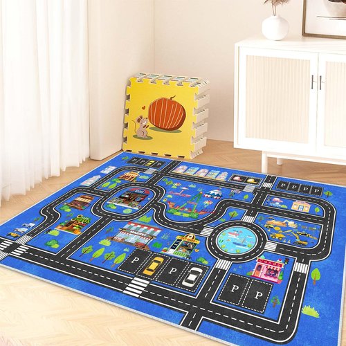 Fuzorise Kids Car Rug for Playroom Rugs, 31''x47'' Road Rug for Boys and Girls Bedrooms, Washable Rectangular Non-Slip Children's Carpet, Kid Educational City Traffic Route Map for Classrooms.