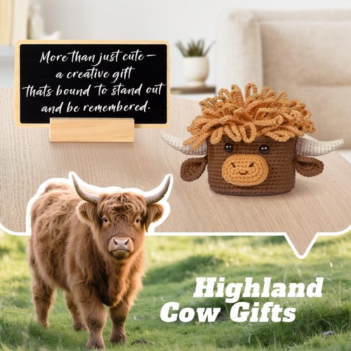 Drink Coaster, Highland Cow Gifts for Cow Lovers, Fun Woven Creative Set of 3 Coasters, Suitable for Most Cups, Handmade Crochet Cow Head Storage, Rustic Decor for The Home