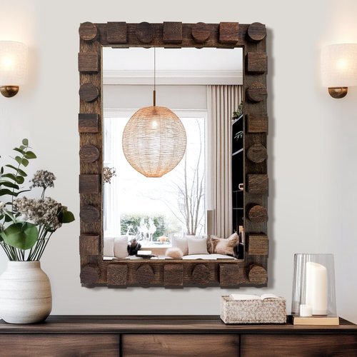 AMOISE Wall Mirror with Rustic Wood Frame, 28"x20" Solid Wood Vanity Mirror for Bathroom, Bedroom, or Entryway, Vertical or Horizontal Mount