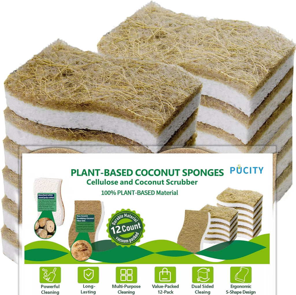 Skiennix Natural Dish Sponges - Biodegradable Plant-Based Cellulose with Coconut Scrubber | Pack of 12