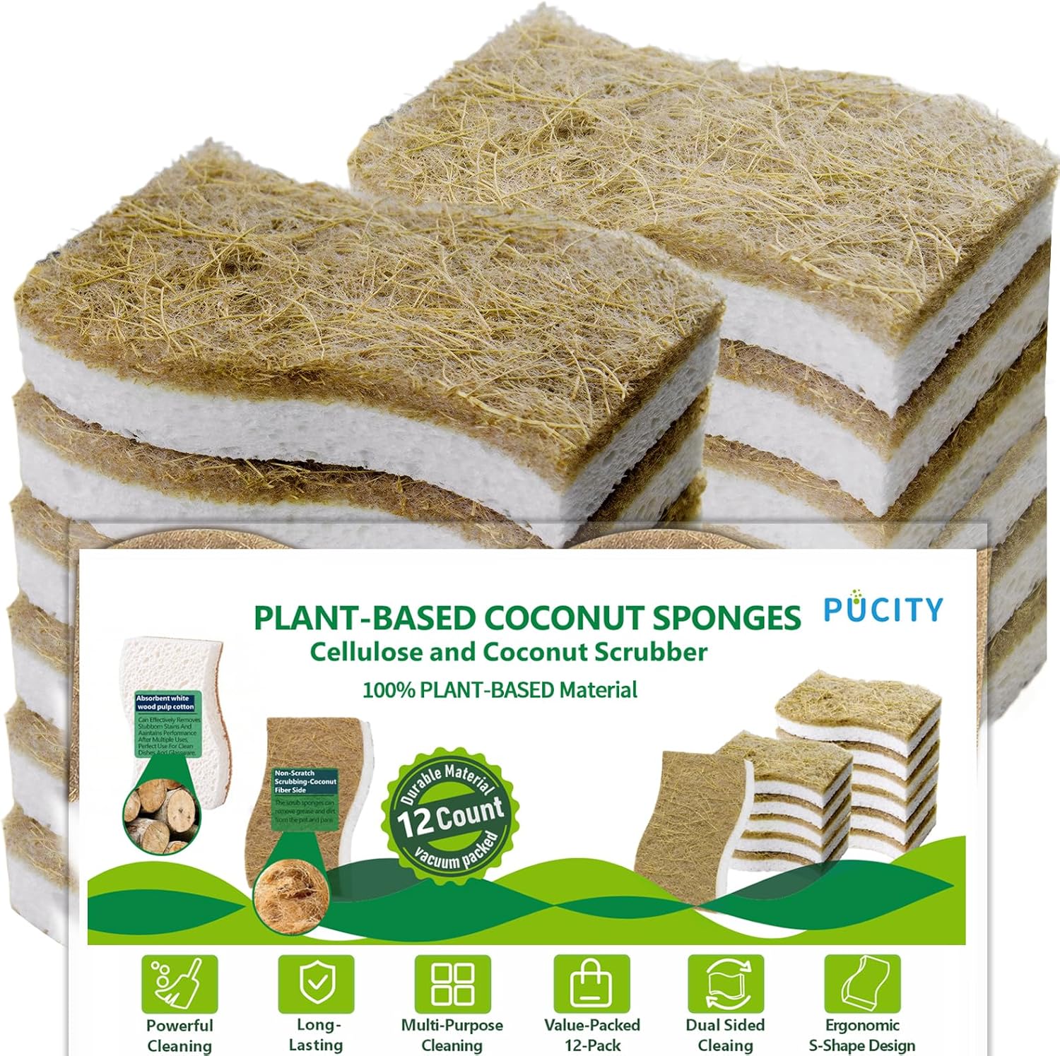 Skiennix Natural Dish Sponges - Biodegradable Plant-Based Cellulose with Coconut Scrubber | Pack of 12