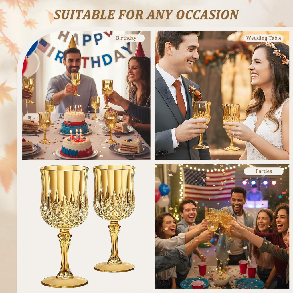 HTTBEIZI 7OZ Plastic Wine Glasses, Disposable Goblets Drinking Glasses Crystal Vintage Water Cups Unbreakable Champagne for Wedding, Parties, Valentine’s Day (12, Gold)