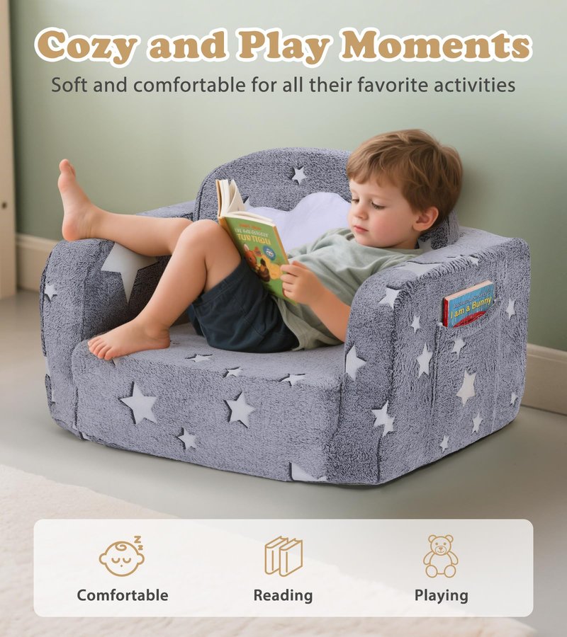 Kids Couch, 2-in-1 Soft Toddler Couch Fold Out with with Blanket and Cloud Pillow, Glow in The Dark, Toddler Chair Comfy, Convertible Sofa, Gifts for Kids Girl Boys, Medium Grey Star