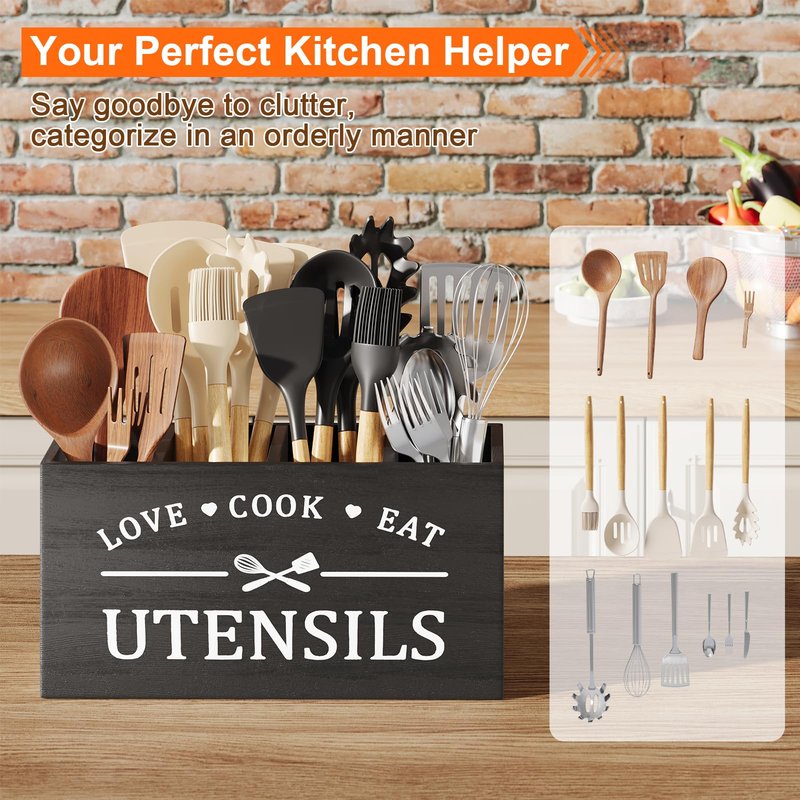 Extra Large Utensil Holder for Kitchen Counter with 4 Compartments, Kitchen Cooking Utensils Holder for Countertop,Black Wooden Utensil Caddy for Farmhouse Spatula,Cutlery,Wood Wall Mounted Organizer