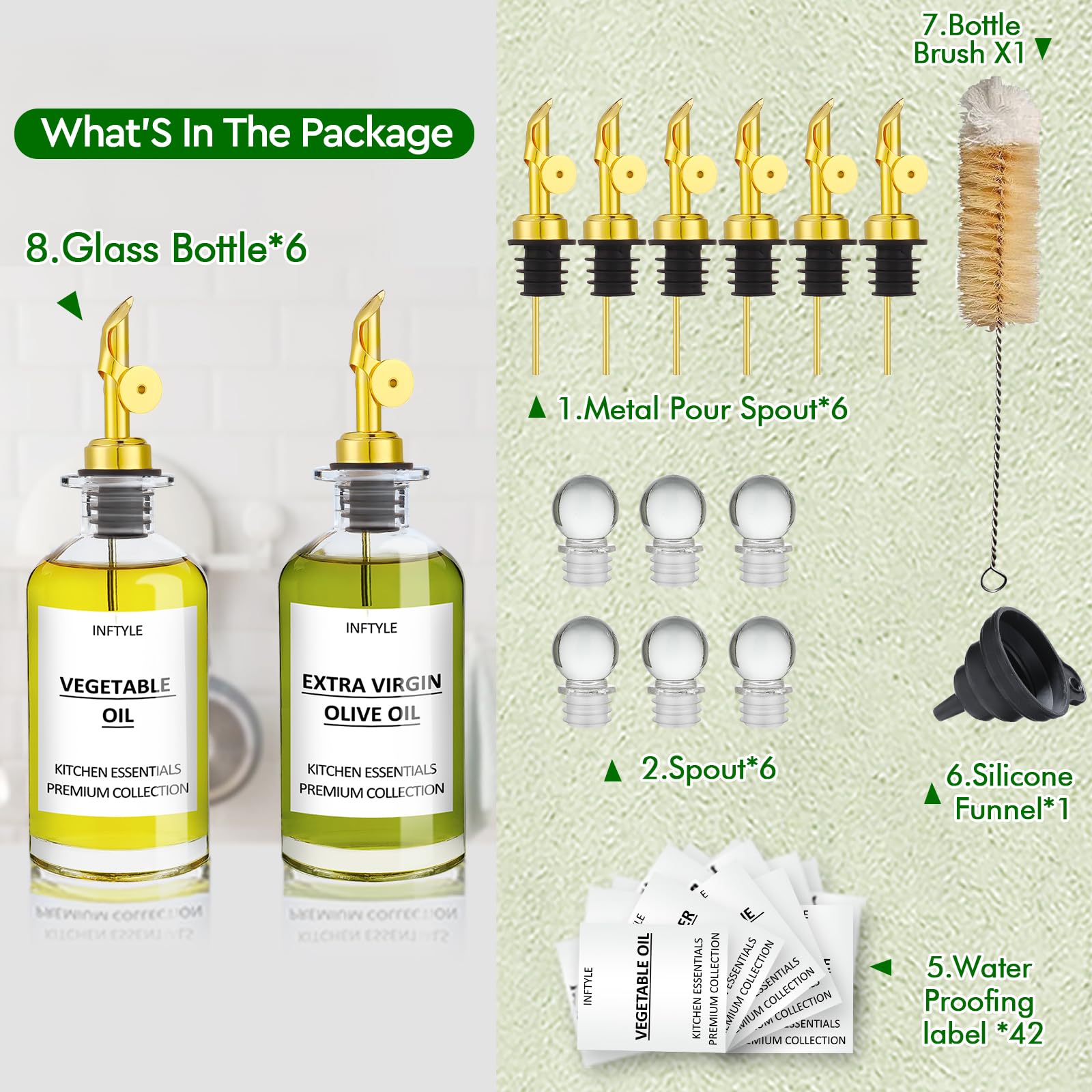 INFTYLE Olive Oil Dispenser Bottle Glass Coffee Syrup Bottles Set of 6 Cooking Oil bottles for kitchen, with Pourer Spout, Sealing Stopper, Labels, Funnel, Cleaning Brush (12 oz)