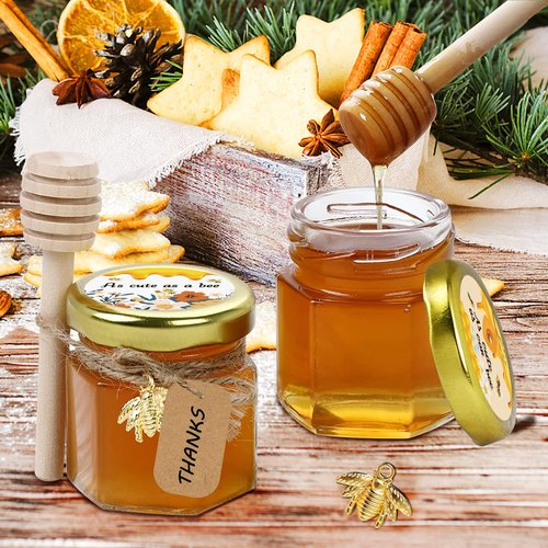 Aliggbent 48 Pack Mini Honey Jars Party Favors in Bulk, 1.5 oz Small Hexagon Glass Honey Jars with Dippers, Lids, Cute Stickers, Bee Charms, Gift Bags and Jute for Baby Showers, Weddings & Birthdays