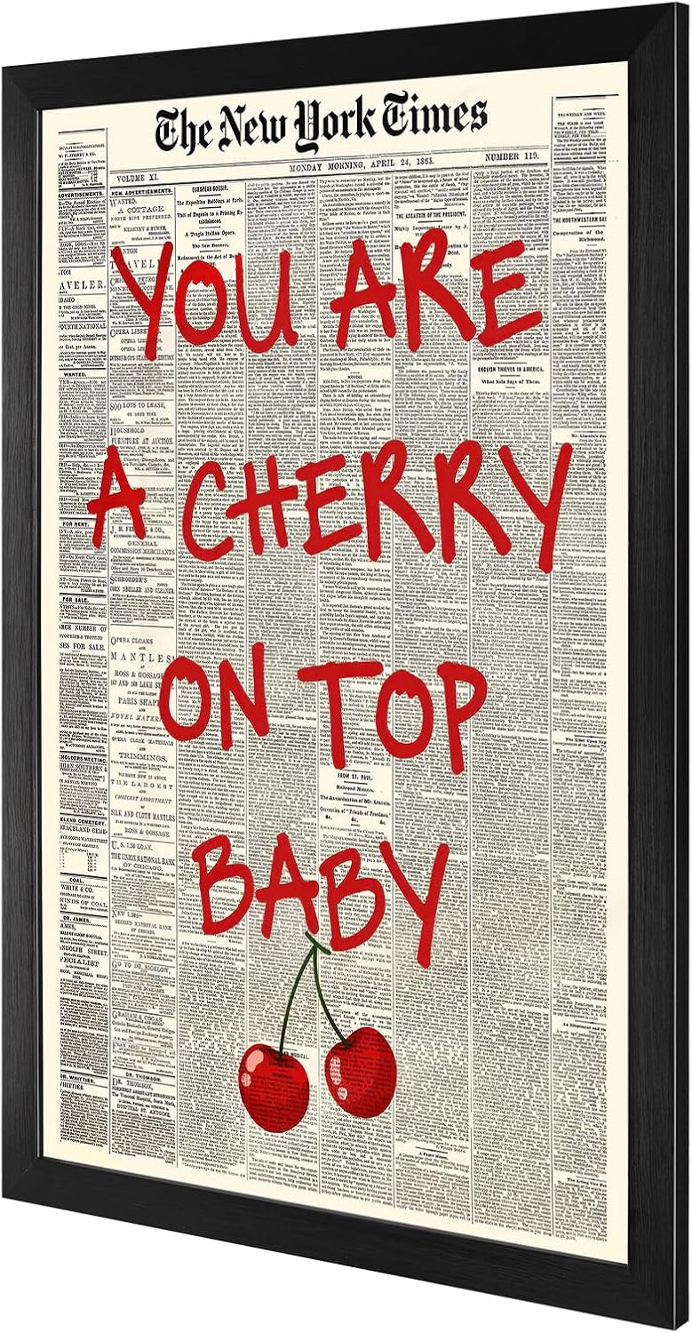 Skiennix Black And White Newspaper Canvas Wall Art - Inspiring "You Are A Cherry On Top" Quote | 8x10in Framed Decor
