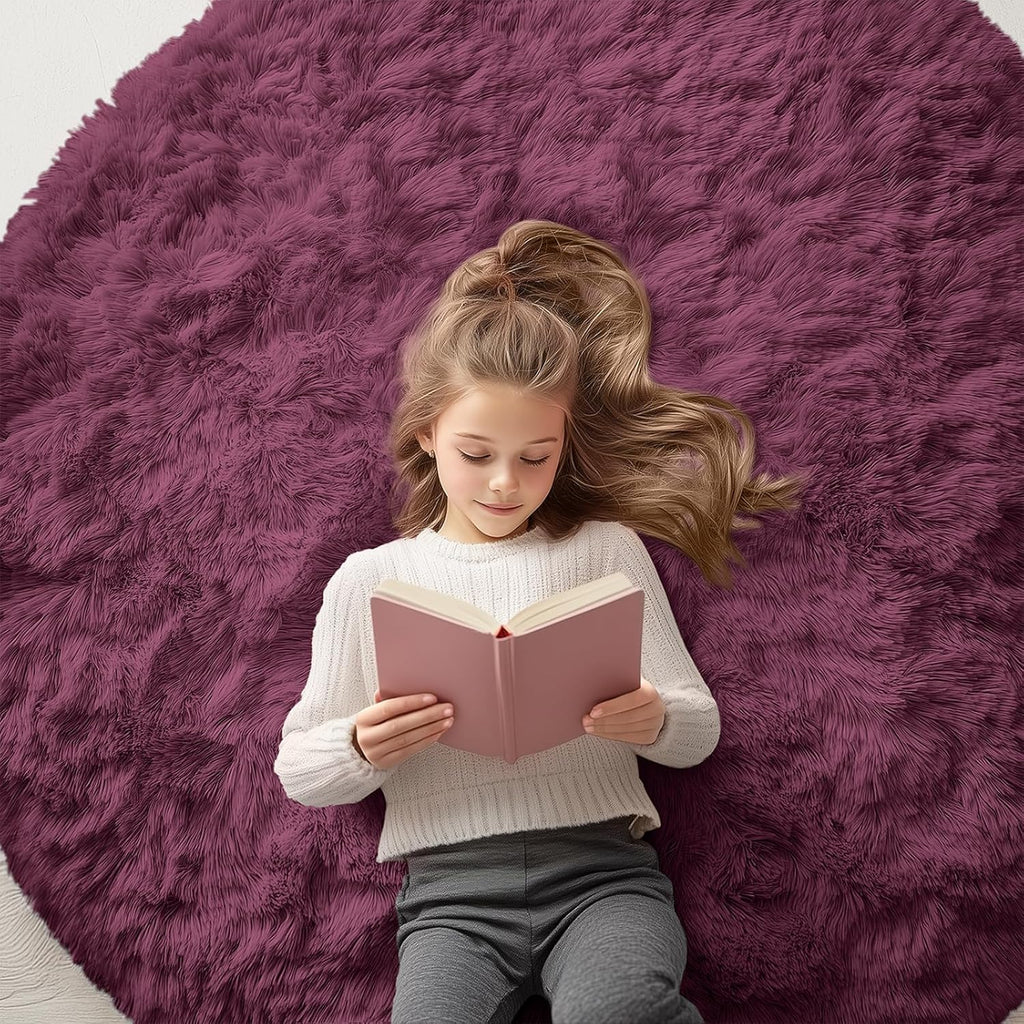 OLANLY Round Burgundy Area Rug - Soft, Machine Washable 5 ft Shaggy Carpet for Bedrooms & Living Rooms