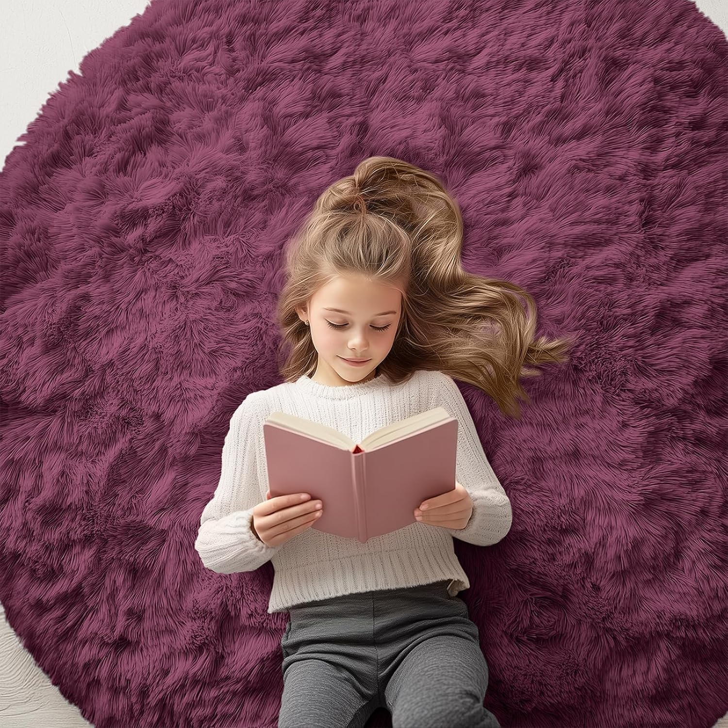 OLANLY Round Burgundy Area Rug - Soft, Machine Washable 5 ft Shaggy Carpet for Bedrooms & Living Rooms