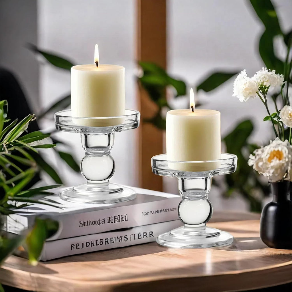 Regine Switzerland Glass Candle Holders - Elegant Pillar Candle Holder Set of 3 for Weddings & Home Decor