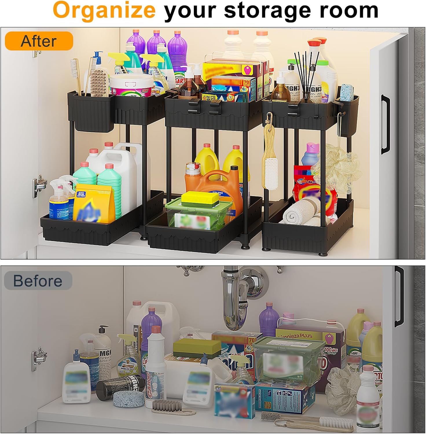 Sevenblue Under Sink Organizers - 2-Tier Multi-Use Storage with Sliding Drawers | Black, 14.8 Inch