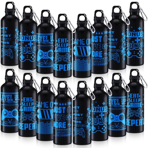 SiliFine 24 Pcs 17oz Gaming Water Bottle Sports Insulated Water Bottles with Hook Clip Funny Quotes Aluminum Gamer Iced Coffee Travel Mug for Birthday Video Game Party Favors (Black)
