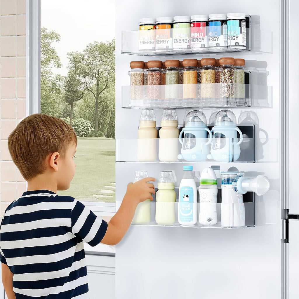 Mystozer Magnetic Spice Rack for Refrigerator, Kitchen Organizer and Storage Shelf, Clear(4 Pack)