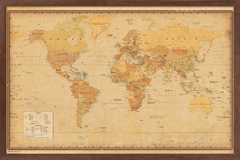 Antique World Map 2024 Wall Poster, 34L" x 22.4W", Mahogany Framed Version