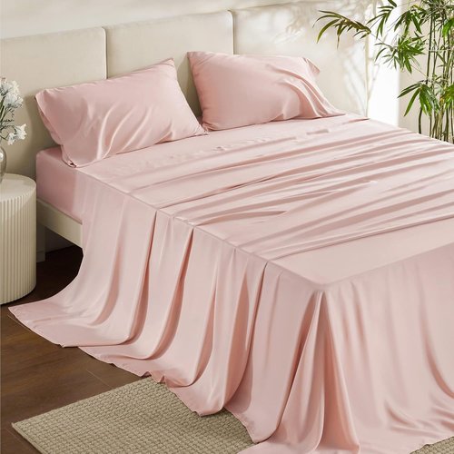 Bedsure Cooling California King Sheet Set - Breathable Rayon from Bamboo, Soft & Silky, Deep Pocket, Pink