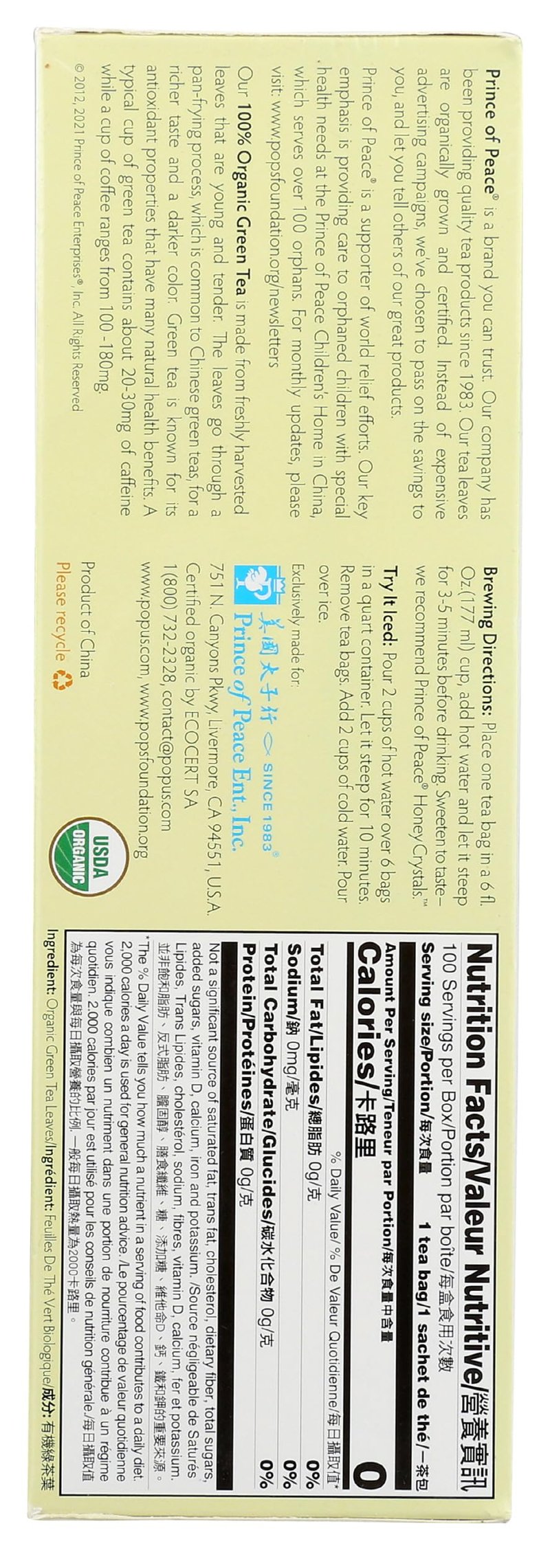 Prince of Peace Organic Green Tea 100 Tea Bags - 2 pack