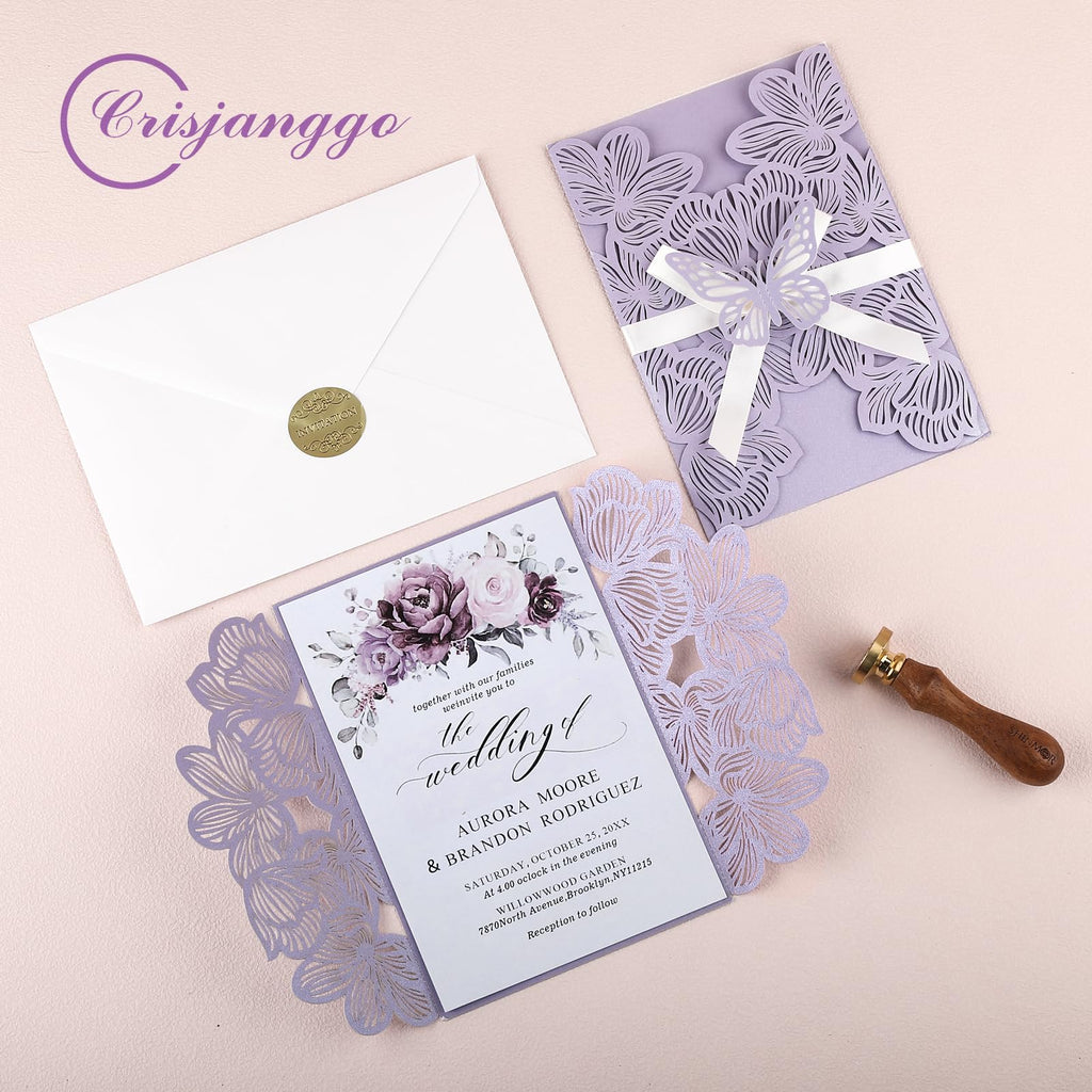 50Pcs Light Purple Wedding Invitations with Envelopes and RSVP Cards Laser Cut Hollow Butterfly Personalized Invitation Pockets with Ribbons for Birthday Party Wedding Bridal Shower Engagement