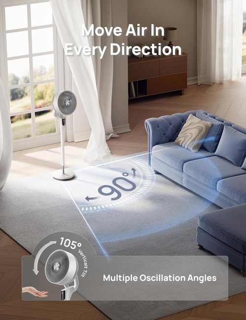 DREO Quiet Oscillating Fan - 90ft Airflow, 20dB Noise Level, Adjustable Height 38-42'' | 8+ Speeds, 3 Modes