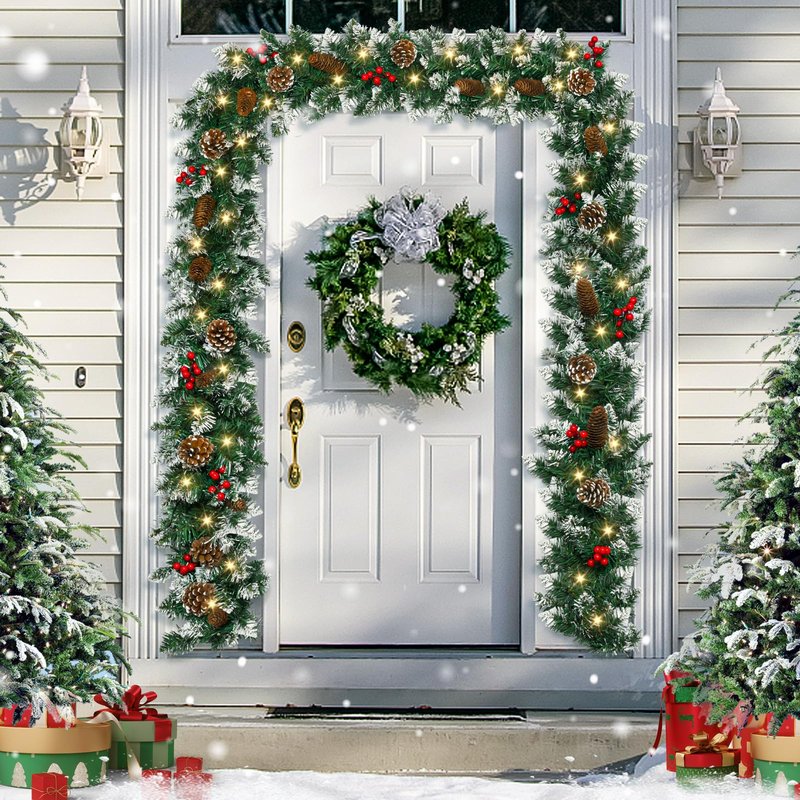 Christmas Garland with Lights,6FT Prelit Christmas Garland Battery Operated Xmas Garland with Christmas Blue Balls,Pine Cones and Pine Needles for Mantle Fireplace Staircase Porch Decor