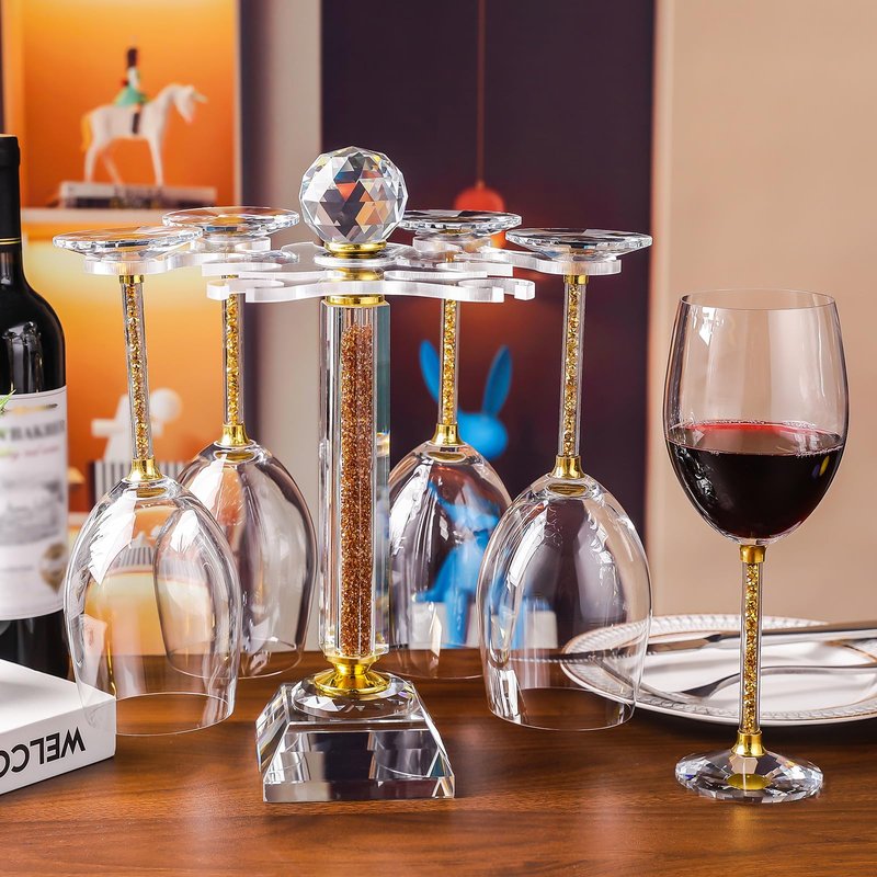 Hanjue Crystal Glass Stemware Rack, Rotates to Hold 6 Wine Glasses, Crystal Wine Glass Holder,Stemware Holder for Wet Bar Home Bar, Bar Cart(white crush diamonds)