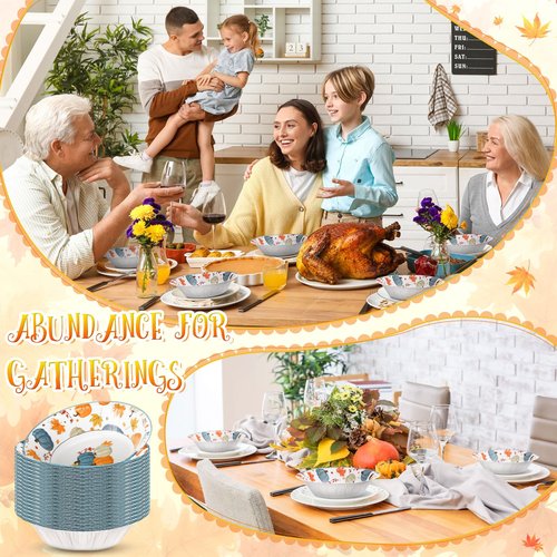Sliner 100 Pcs 16 oz Thanksgiving Paper Bowl Pumpkin Autumn Maple Leaves Disposable Fall Thanksgiving Soup Bowl for Holiday Party Snack Dessert Salad Milk Cereal Serving Catering Event Supplies