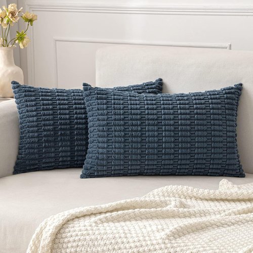 MIULEE Corduroy Lumbar Throw Pillow Covers - Soft Boho Striped Design | 20x12 Inch Blue for Modern Home Decor