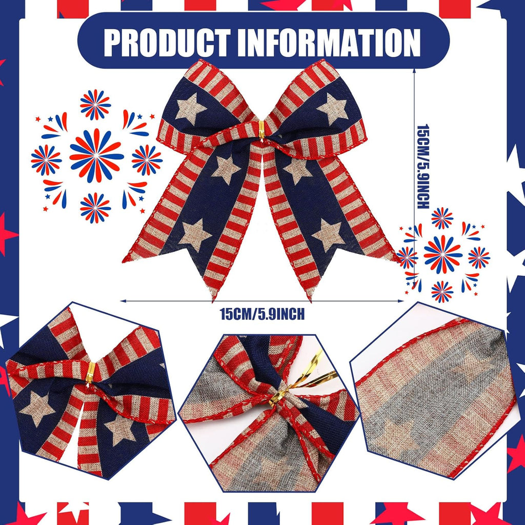 Regine Switzerland 12 Pcs 4th of July Bows - 6 Inch Patriotic Burlap Decor for Independence Day | Red, White, Blue