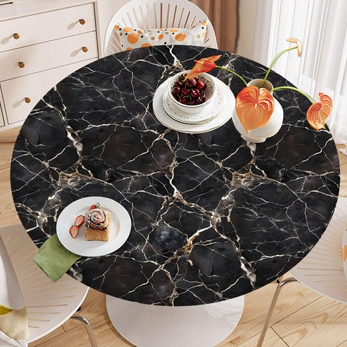 SuxiGlo Black Marble Round Tablecloth – Fitted Circle Table Cover with Elastic Edge, Waterproof & Washable Polyester Table Cloth for 55" to 66" Indoor/Outdoor Tables