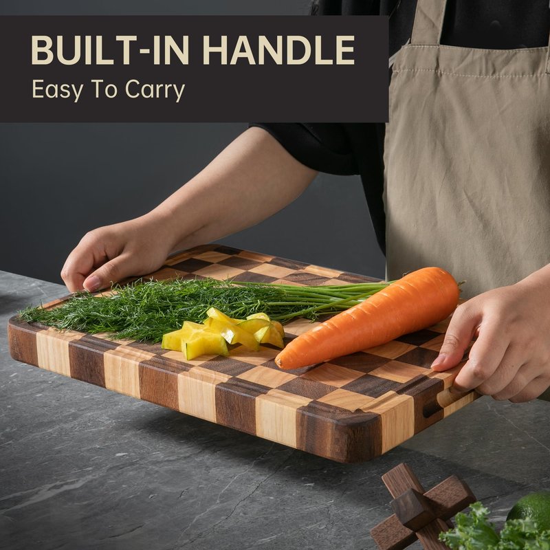 FYCTIO Checkered Cutting Boards for Kitchen, Acacia Wooden Chopping Board with Juice Grooves & Handles, Thickened Butcher Block for Meat, Vegetables and Fruits with Gift Box, 16" x 11" x 1.4"