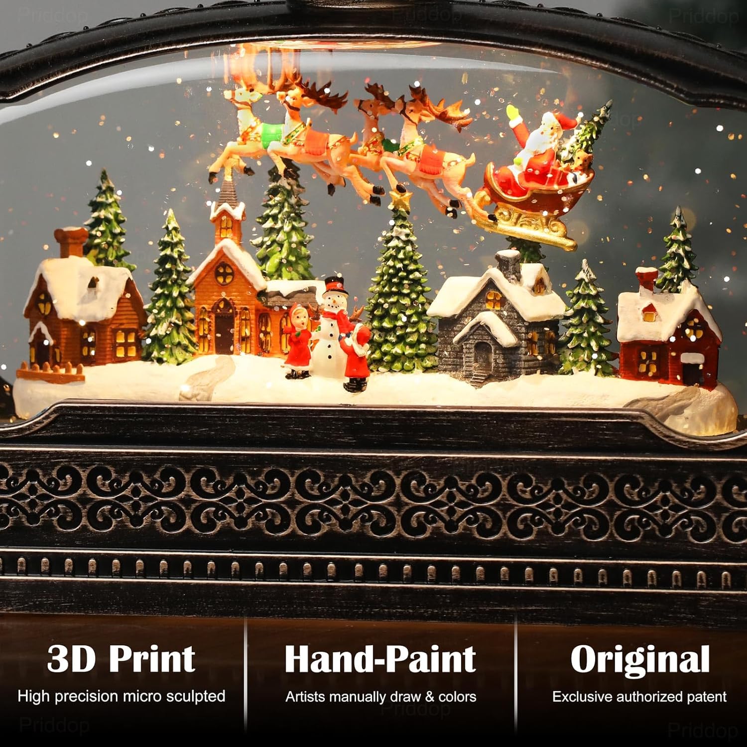 Priddop Christmas Snow Globe - Santa Claus & Snowman Village Scene with USB/Battery Timer & Music