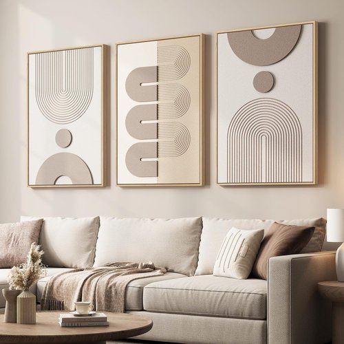 Boho Wall Art by Large 3D - Neutral Abstract Framed Artwork | 3-Piece Modern Geometric Set, 24x36 In