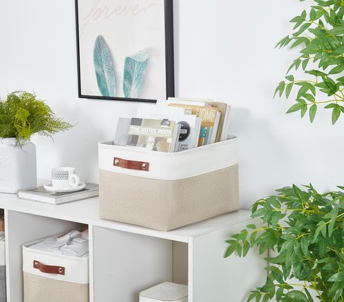 DECOMOMO Storage Baskets - Large Fabric Storage Bins for Organizing Linen Closets (Beige & White)