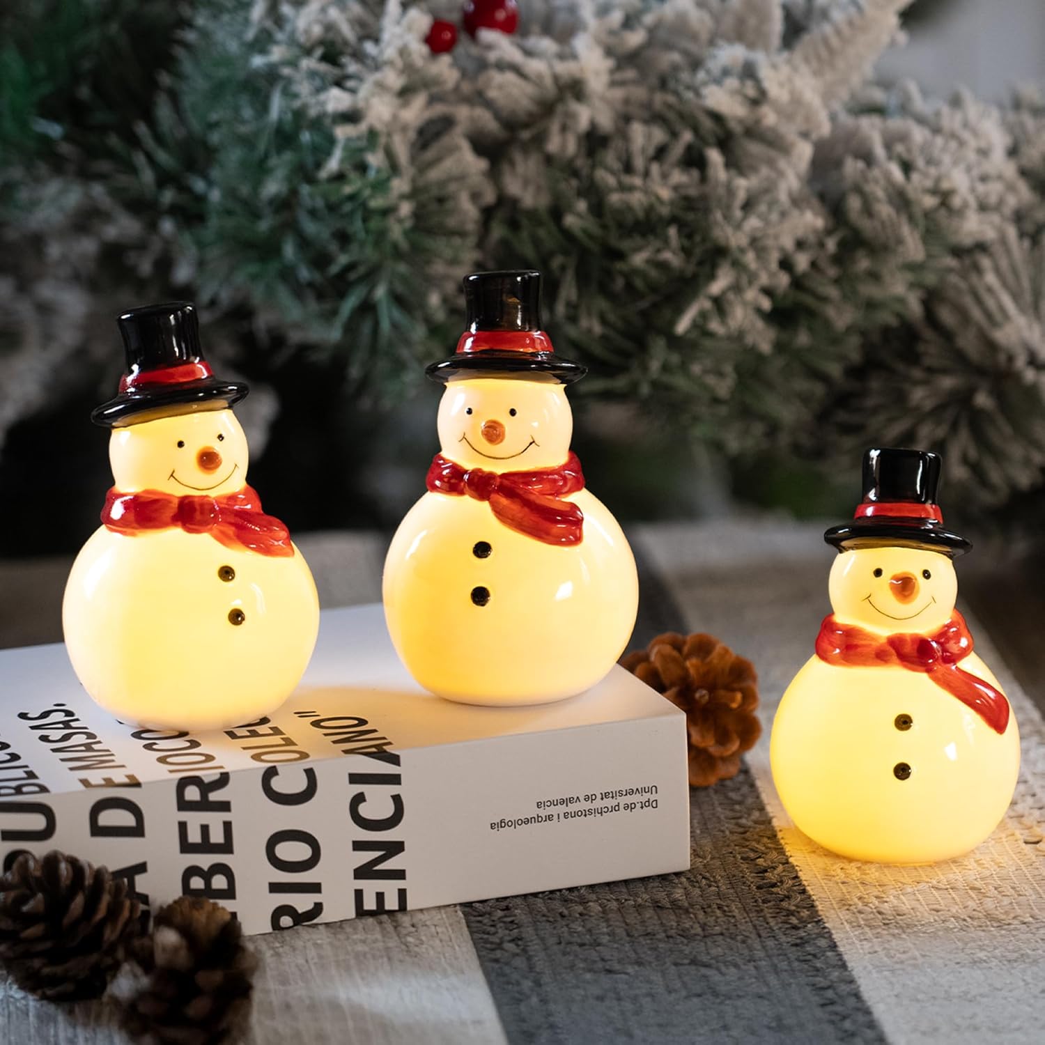 Nerousun Christmas Snowman Figurines - 3 Pack Ceramic LED Lighted Tabletop Decorations | Winter Xmas Decor