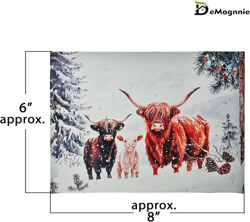Highland Cattle | LED Lighted Winter Animal Portrait - 6x8 Horizontal Picture with Timer & Kickstand