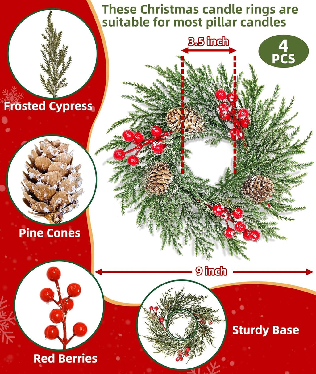 Skiennix 4 Pack Flocked Mini Christmas Wreath Candle Rings - 9"x3.5" Snowy Cypress Decor with Red Berries & Pinecones