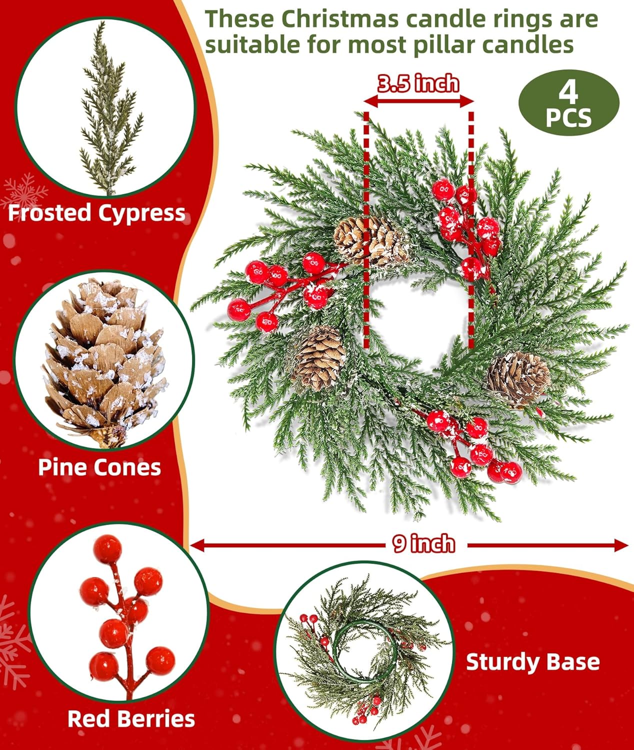 Skiennix 4 Pack Flocked Mini Christmas Wreath Candle Rings - 9"x3.5" Snowy Cypress Decor with Red Berries & Pinecones