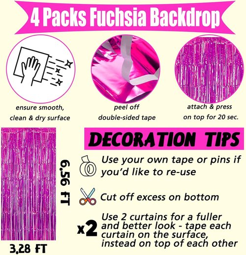 Fuchsia Fringe Curtain Backdrop by [Brand Name] - 4 Pack Metallic Tinsel Foil Streamers | 3.2Ft x 6.6Ft for Parties & Events