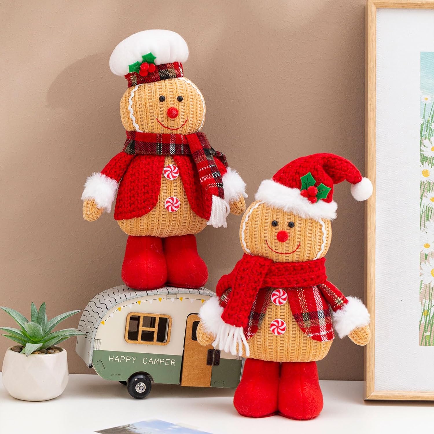 Quescu Gingerbread Christmas Decorations - 2PCS Plush Gingerbread Man Stuffed Dolls for Home Decor & Gifts