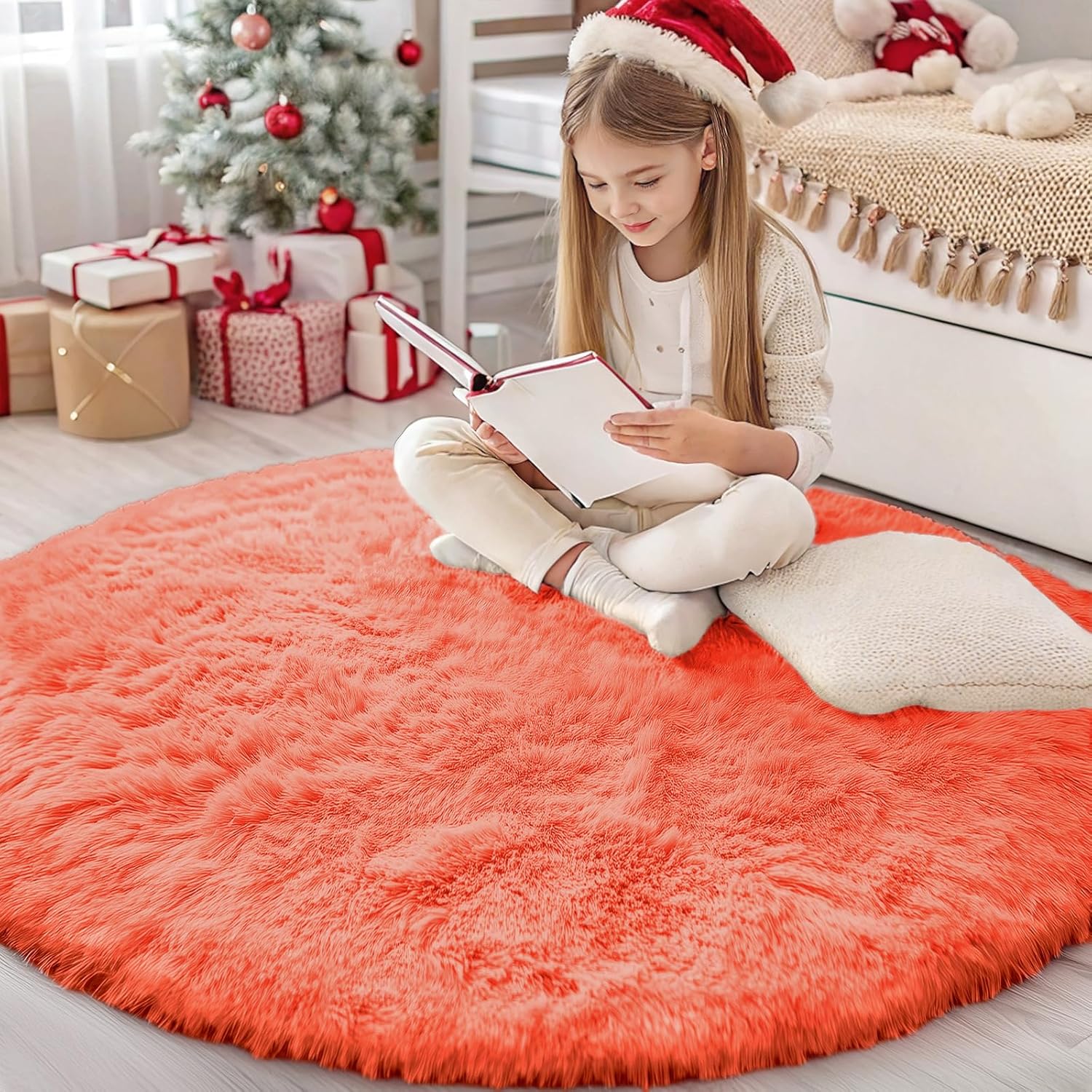 OLANLY Round Coral Red Rug - Soft, Fluffy Machine Washable 4 ft Circle Area Rug for Bedroom & Living Room Decor