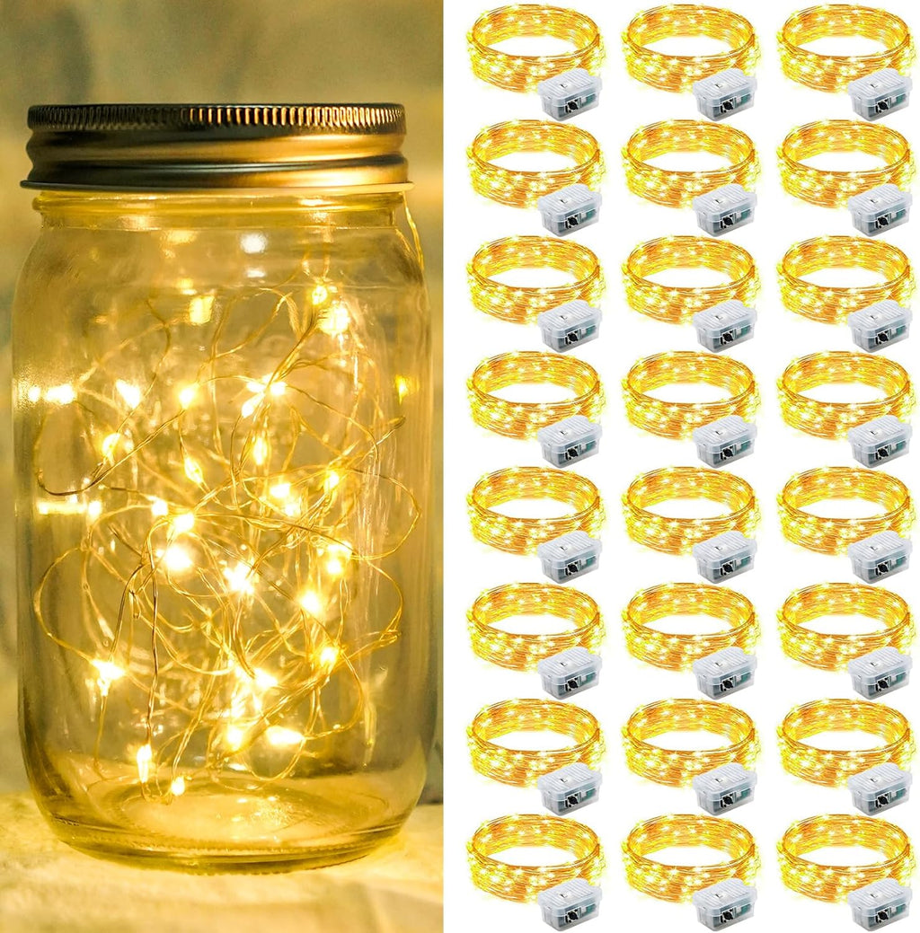 Skiennix 24-Pack Fairy Lights - 7Ft 20 LED Twinkle String Lights | Battery Operated & Waterproof for Weddings, Parties, & Home Decor - Warm White