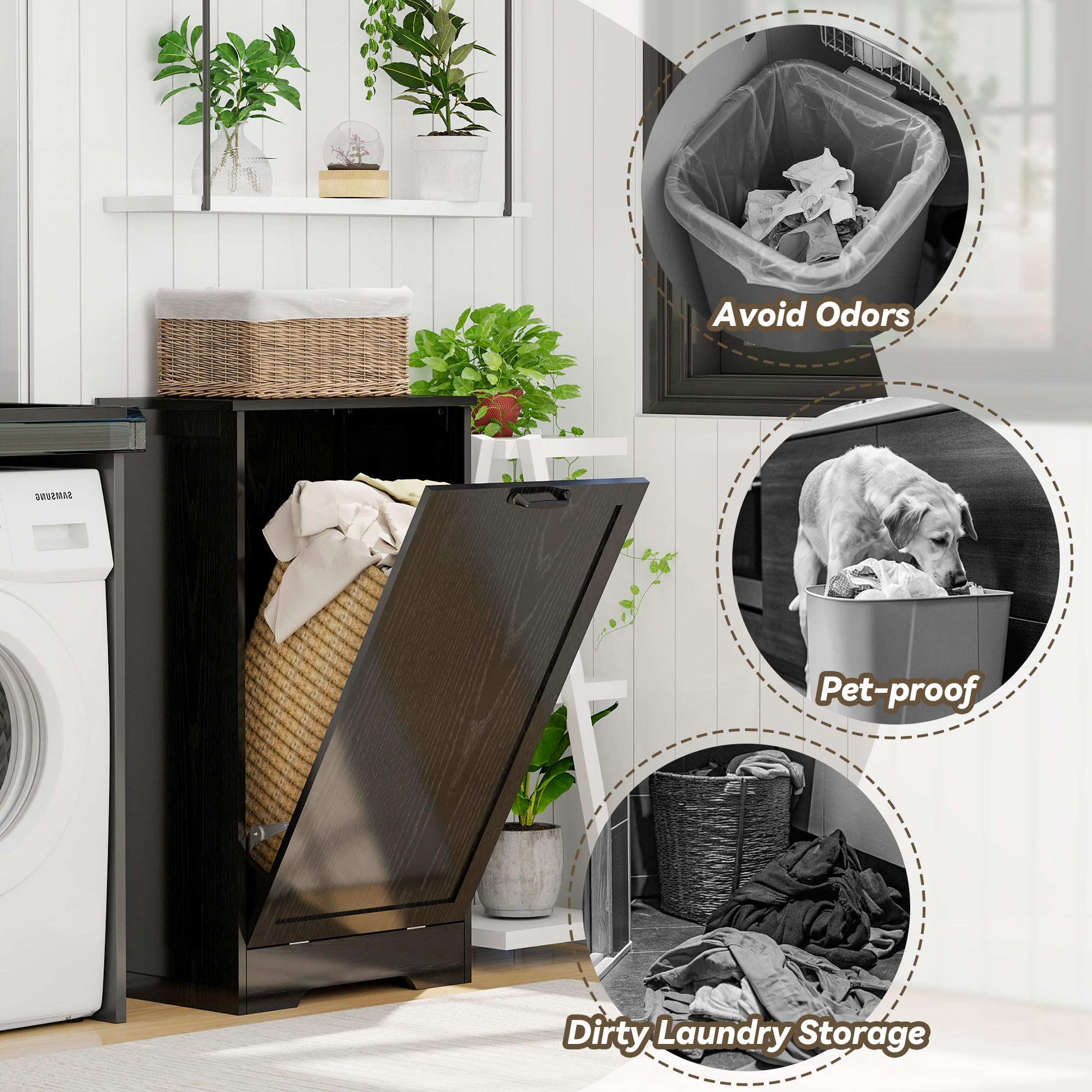 FTZxHKLX Tilt Out Kitchen Trash Can Cabinet, Pet Proof Wooden Kitchen Garbage Can with Lid, Hidden Laundry Basket Organizer, 10 Gallon Free Standing Bathroom Laundry Hamper Cabinet, Black