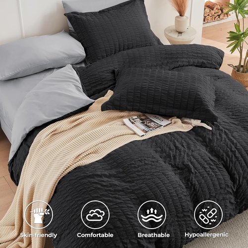 HYMOKEGE California King Comforter Set - Luxurious 7-Piece Seersucker Bedding in Black/Light Grey
